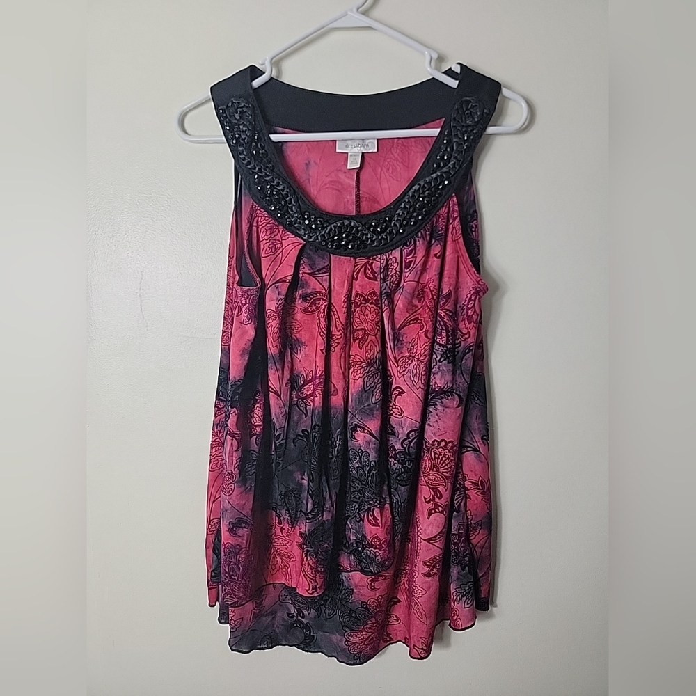 DressBarn Woman Red Black Floral W/ Beaded Accent Sleeveless Top, 1X